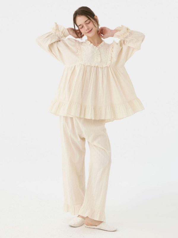 LUNALUZ  晨光呢喃 純棉蕾絲睡衣套裝 