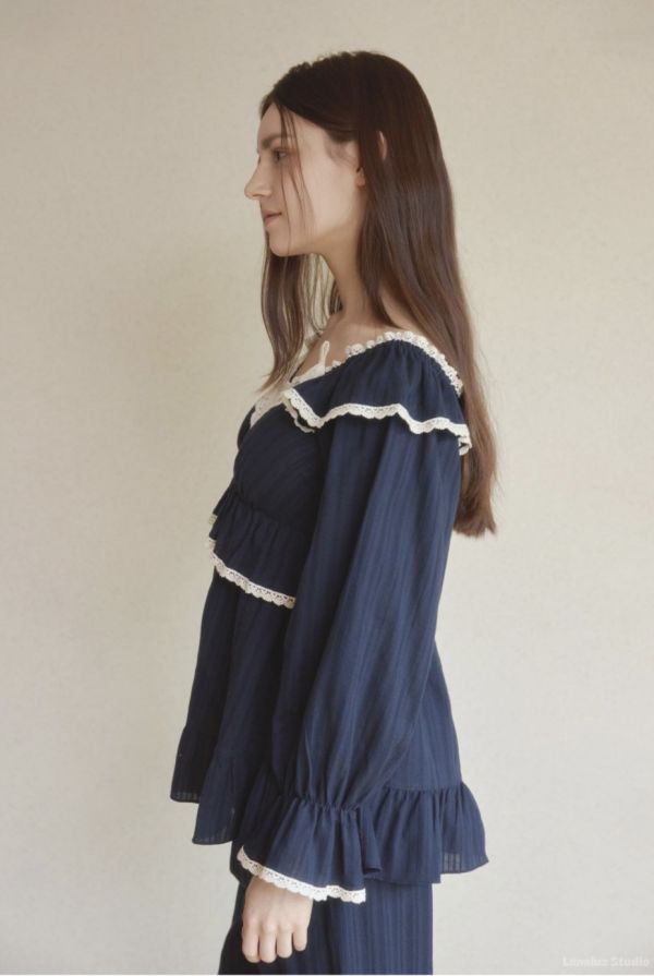 LUNALUZ 午夜海藍刺繡蕾絲睡衣套裝｜內襯Bra設計 