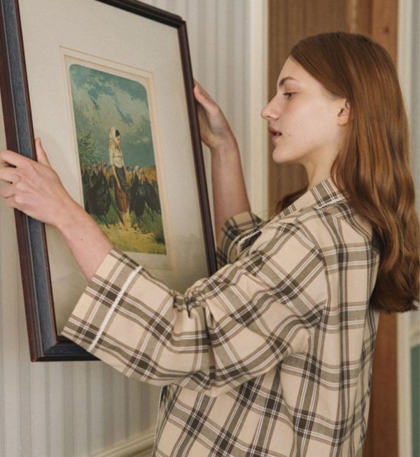 ULLALA 女款米棕格紋睡衣套裝 