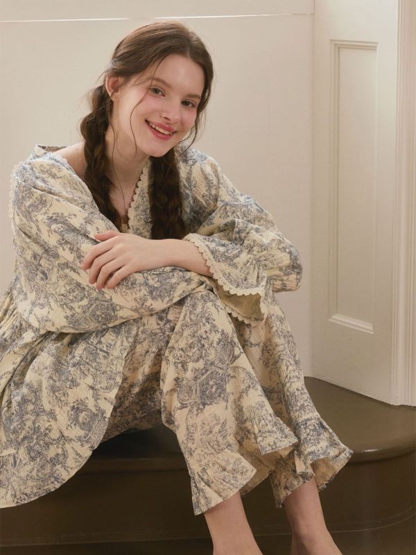 LUNALUZ 韓國復古浮世畫印花睡衣套裝｜雙層紗棉 