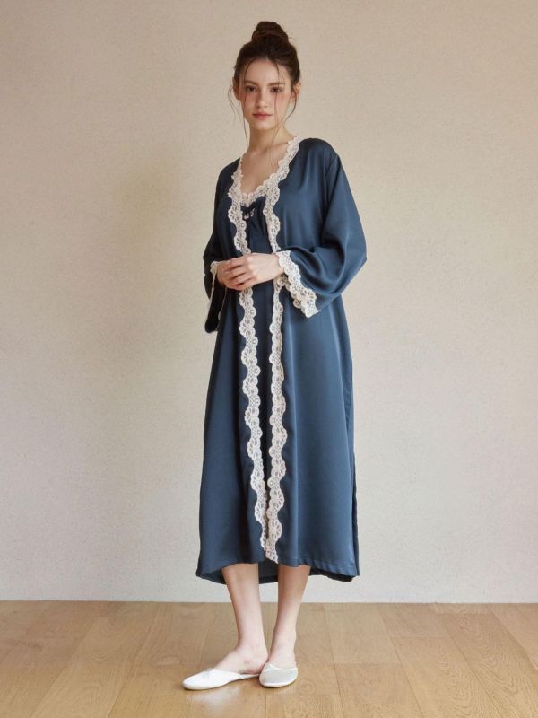 LUNALUZ 夜曲蕾絲 睡衣睡袍組｜內襯 Bra 深夜藍 26S 