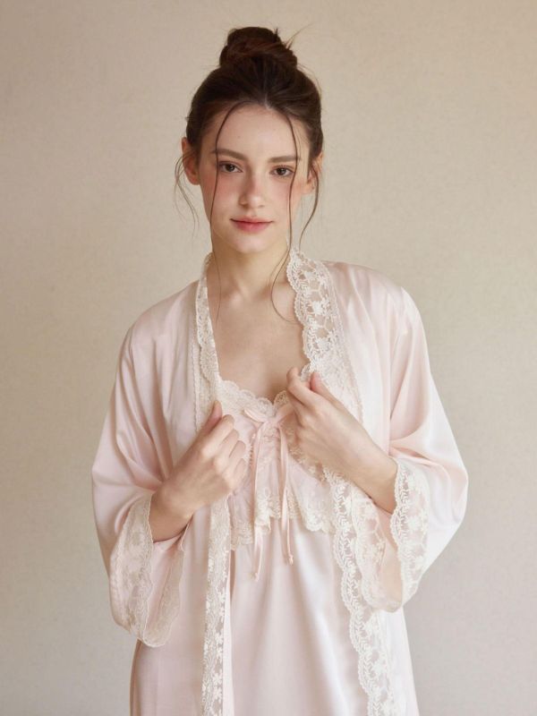 LUNALUZ 夜曲蕾絲 睡衣睡袍組｜柔霧粉 26S 