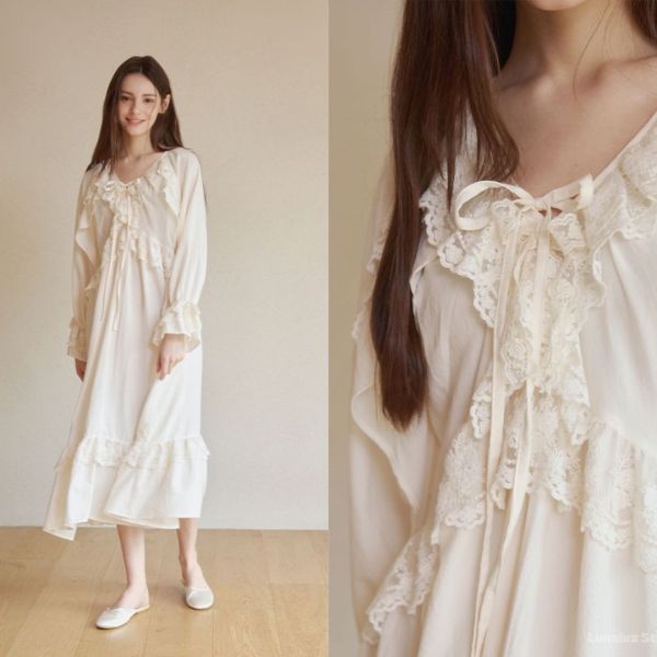 LUNALUZ 奶油香頌蕾絲綁帶睡衣洋裝 