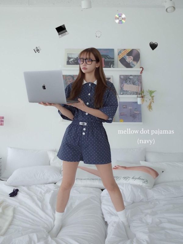 MMOM 深藍波點睡衣套裝｜100%純棉・限量系列 