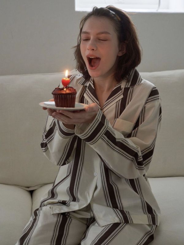 VIVIHOME 午夜巴黎 條紋睡衣套裝｜ 棕色 25W 