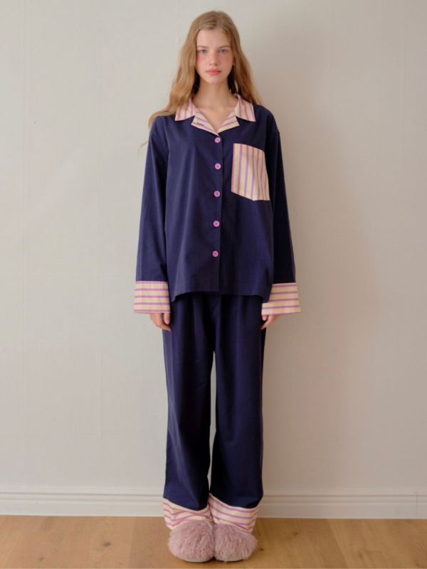韓國 色塊設計睡衣套裝｜NAVY 