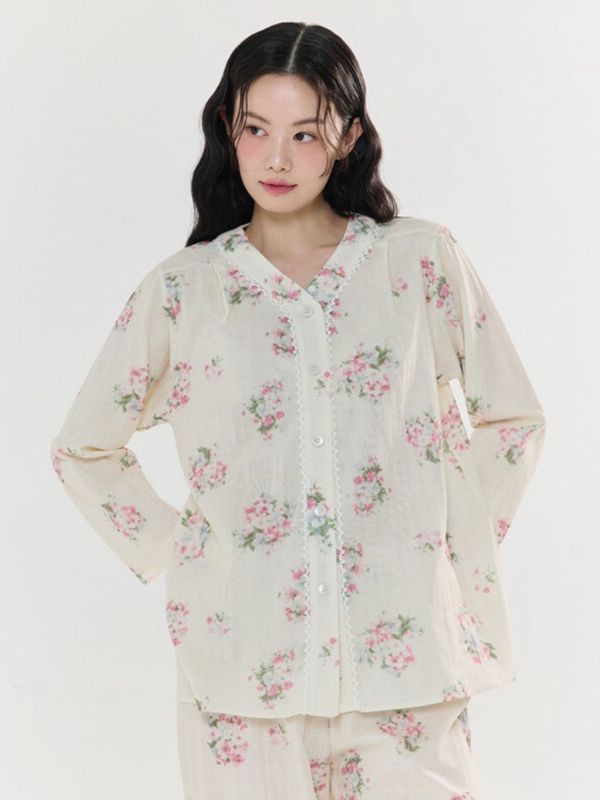 BALCONY 柔軟親膚雙層棉紗長袖睡裙 米色 