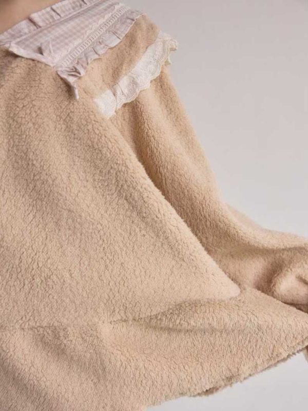 LUNALUZ 羊羔絨蕾絲睡衣套裝｜奶霜米杏 