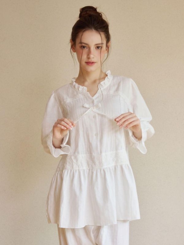 LUNALUZ 純棉混紡蕾絲睡衣套裝｜白色極光 