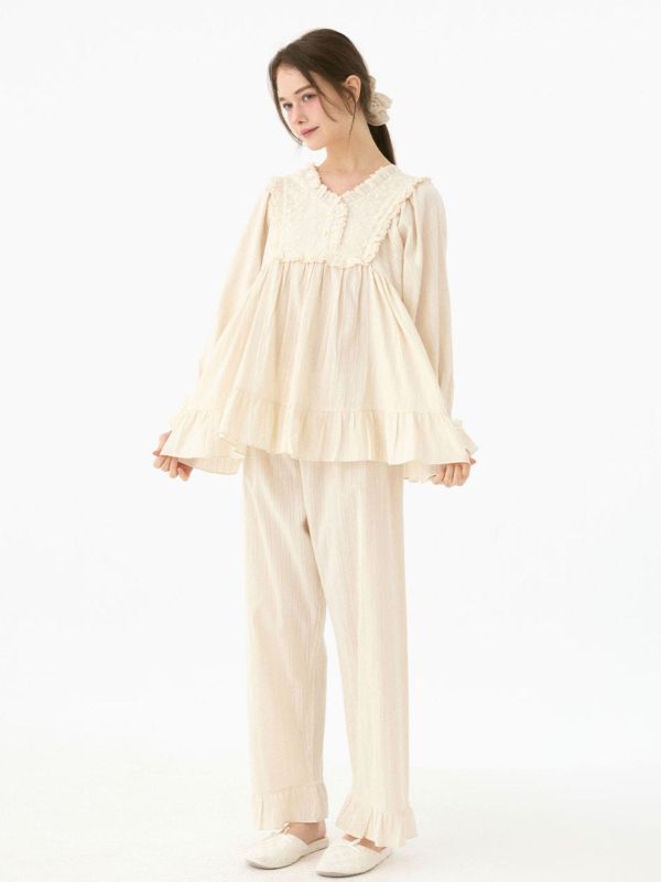 LUNALUZ  晨光呢喃 純棉蕾絲睡衣套裝 