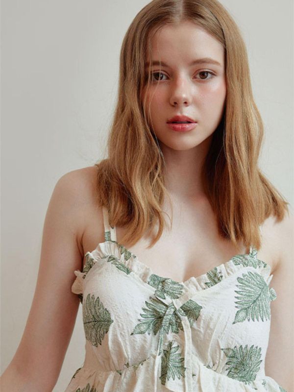 LUNALUZ  夏日度假睡衣洋裝｜奶油綠影 內襯Bra 