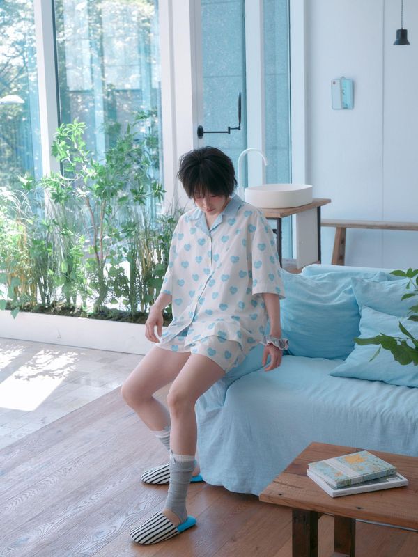 MMOM 天藍愛心睡衣套裝｜100%純棉・限量系列 