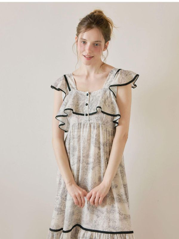 LUNALUZ 朱依紋睡衣洋裝｜黑邊荷葉設計・灰調 26S 