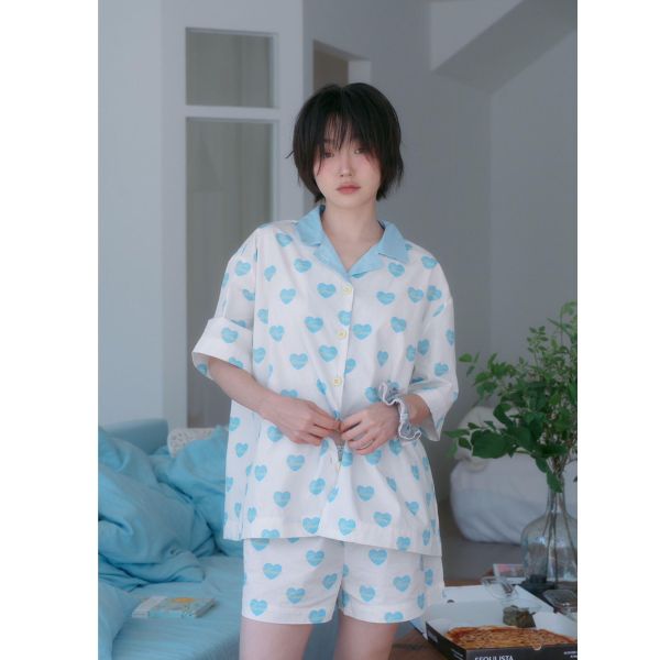 MMOM 天藍愛心睡衣套裝｜100%純棉・限量系列 