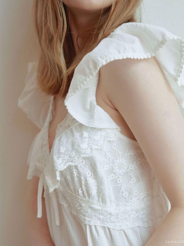LUNALUZ  長款奢華蕾絲睡衣洋裝 