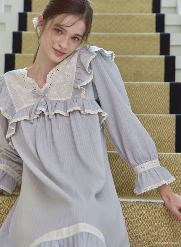 LUNALUZ 暮霧灰純棉蕾絲睡衣 