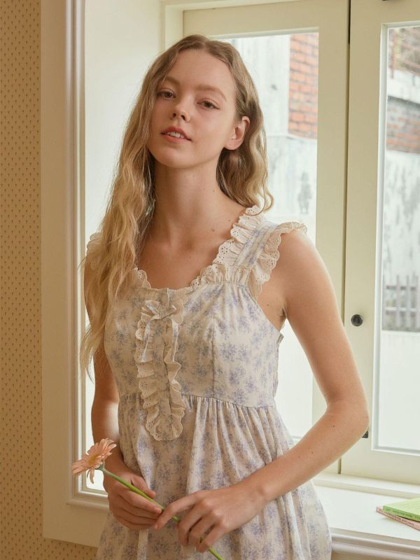 LUNALUZ 藍玫瑰印花蕾絲長裙睡衣｜夏日推薦．薄棉涼感 