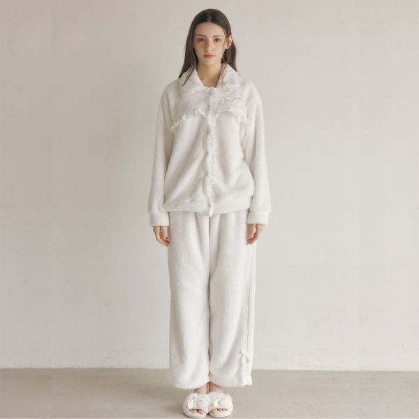 LUNALUZ 雲朵超細纖維蕾絲睡衣套裝｜外套式開襟設計 