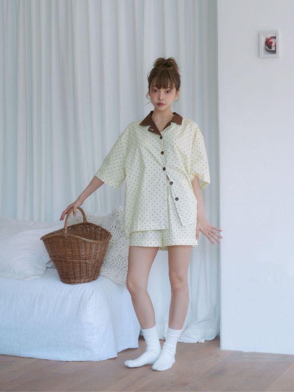 MMOM 淺黃波點睡衣套裝｜100%純棉・限量系列 