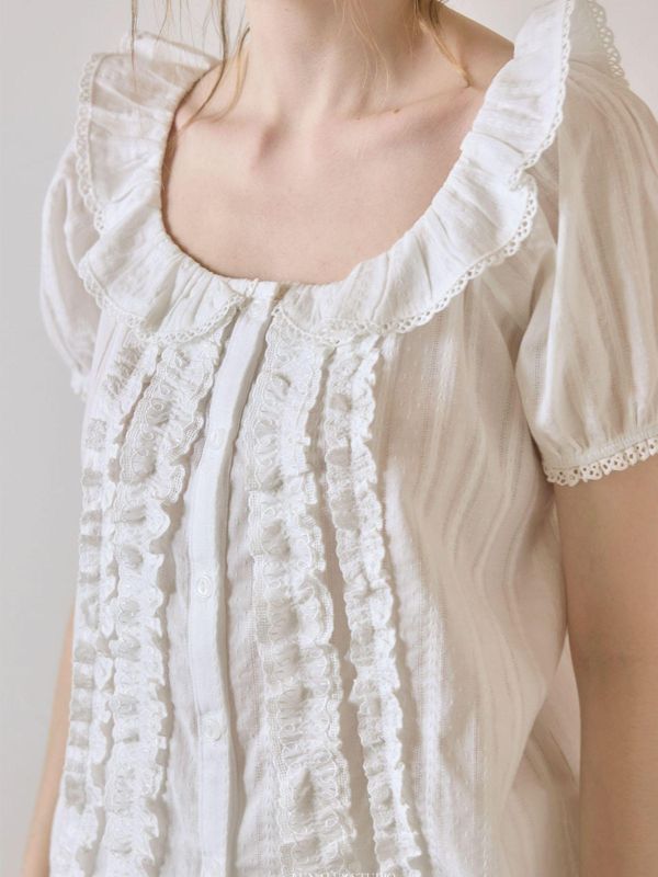 LUNALUZ 立體織紋荷葉領睡衣套裝｜純淨白　26S 