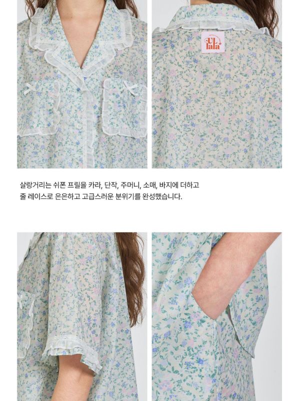 ULLALA 睡衣套裝｜經典款・60支棉・靜藍綠花 26S 