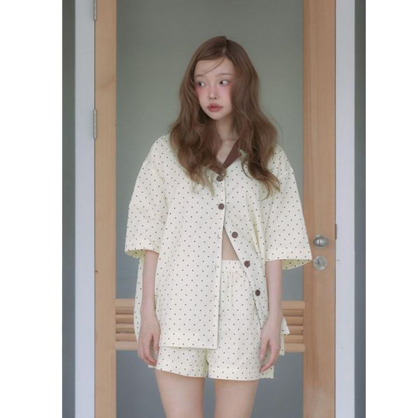 MMOM 淺黃波點睡衣套裝｜100%純棉・限量系列 