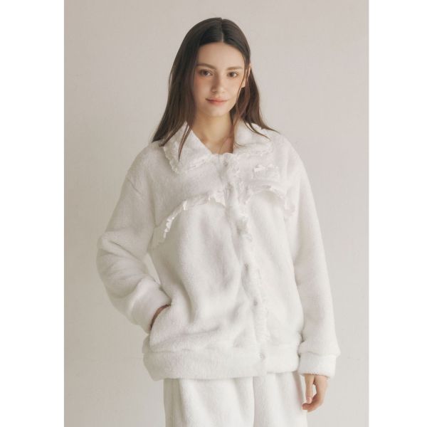 LUNALUZ 雲朵超細纖維蕾絲睡衣套裝｜外套式開襟設計 