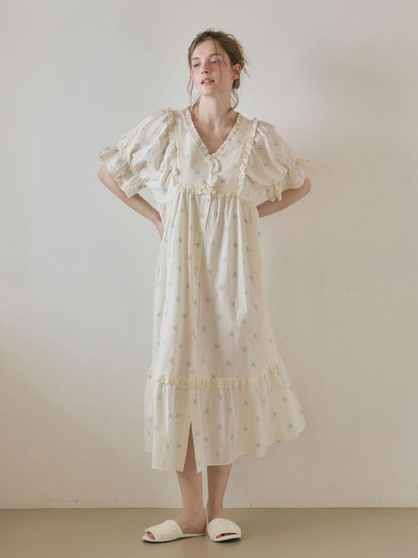 LUNALUZ 靜謐棉感 奶霧白睡衣洋裝｜版型寬鬆　26S 