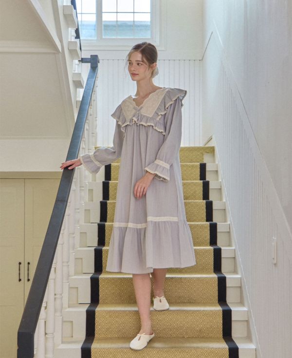 LUNALUZ 暮霧灰純棉蕾絲睡衣 