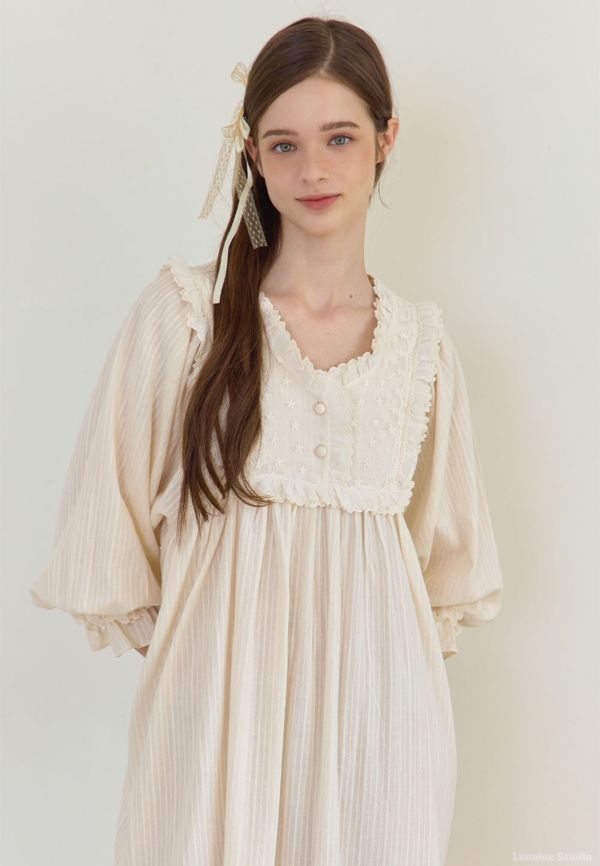 LUNALUZ 晨光呢喃 純棉蕾絲睡衣洋裝 