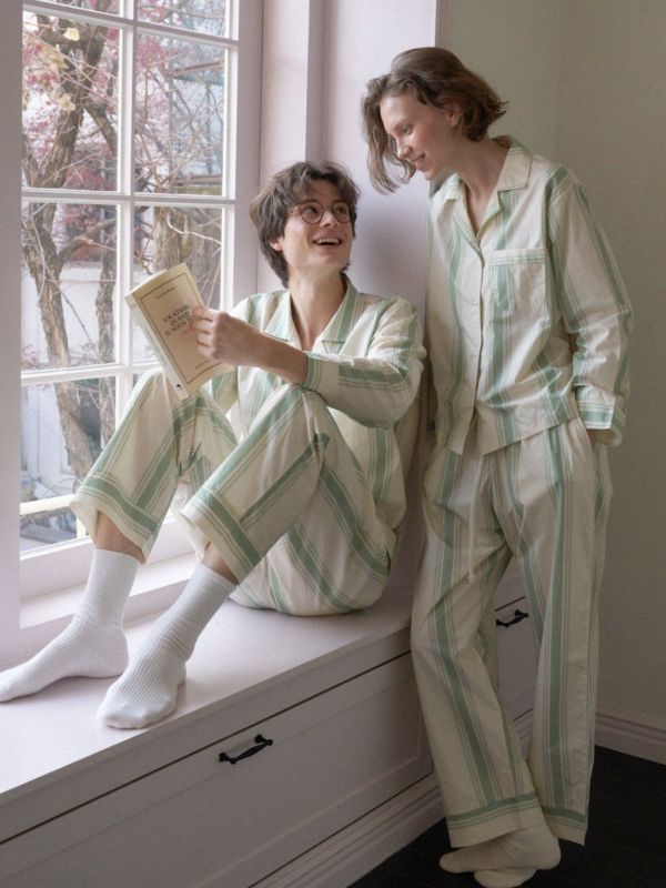 VIVIHOME 韓國橄欖色條紋睡衣套裝｜午夜巴黎系列 