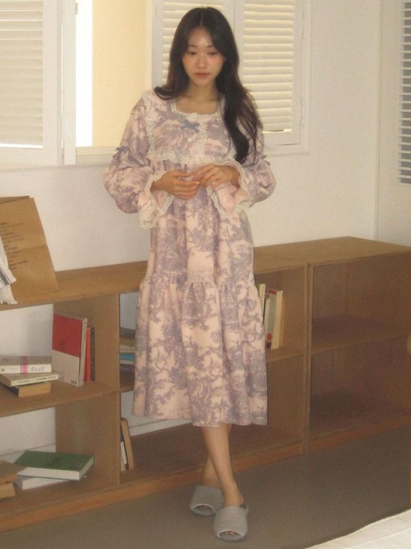 LUNALUZ 法式朱依紋羊羔絨睡衣洋裝 