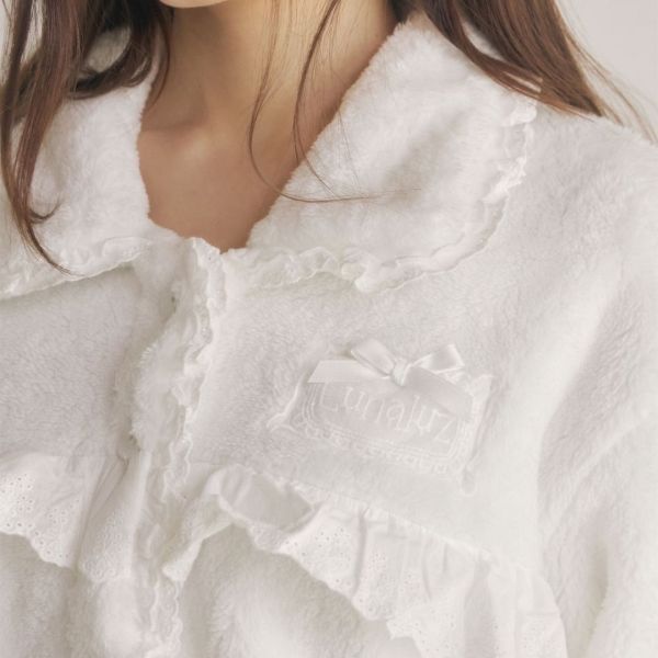 LUNALUZ 雲朵超細纖維蕾絲睡衣套裝｜外套式開襟設計 