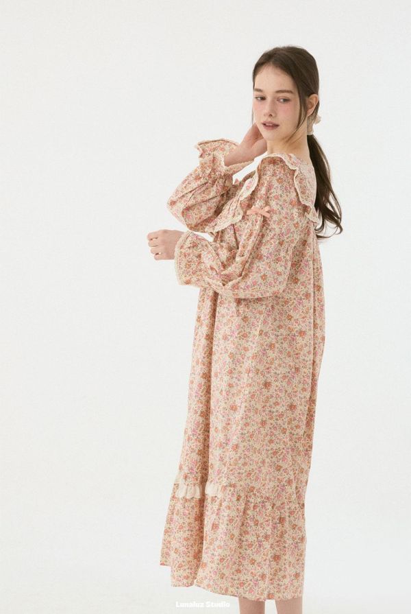 LUNALUZ V 領蕾絲睡衣洋裝｜花園印花 