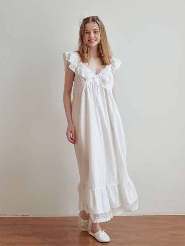 LUNALUZ  長款奢華蕾絲睡衣洋裝 