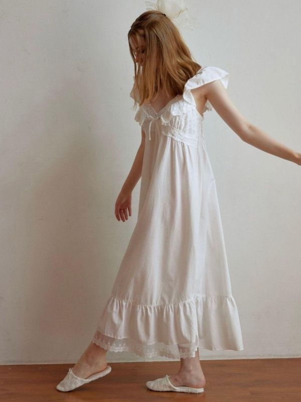 LUNALUZ  長款奢華蕾絲睡衣洋裝 