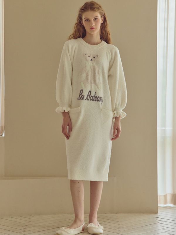 BALCONY 圍巾小熊針織睡衣洋裝 