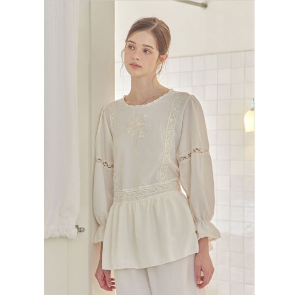 LUNALUZ 米白玫瑰刺繡睡衣套裝 