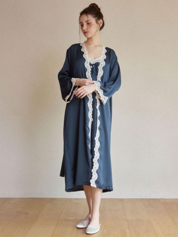 LUNALUZ 夜曲蕾絲 睡衣睡袍組｜內襯 Bra 深夜藍 26S 