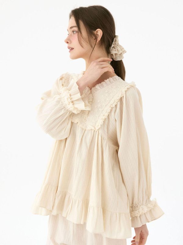 LUNALUZ  晨光呢喃 純棉蕾絲睡衣套裝 