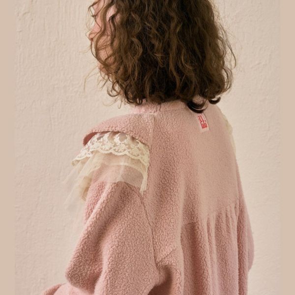 ULLALA 夢幻霧粉蕾絲珊瑚絨睡袍 