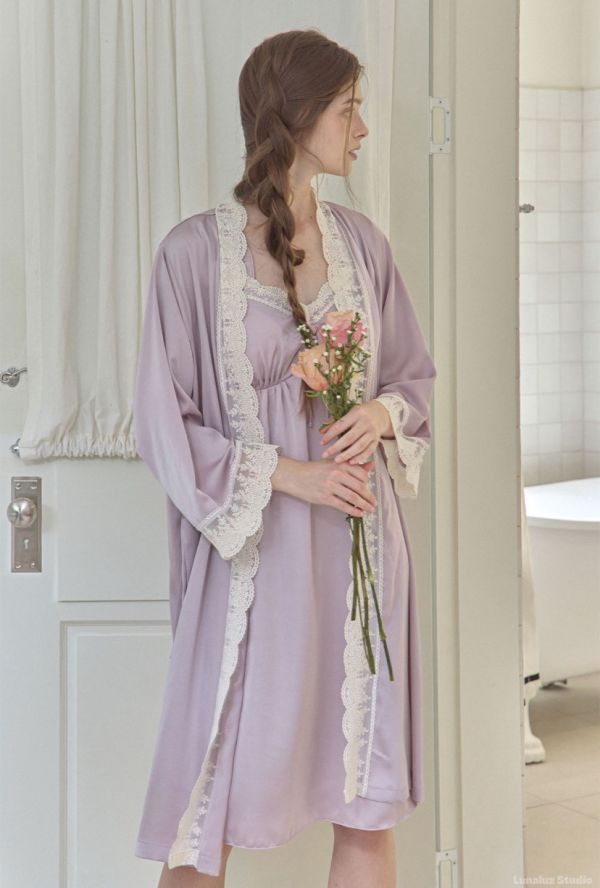 LUNALUZ  女式薰衣草絲綢沙田吊帶袍套裝 