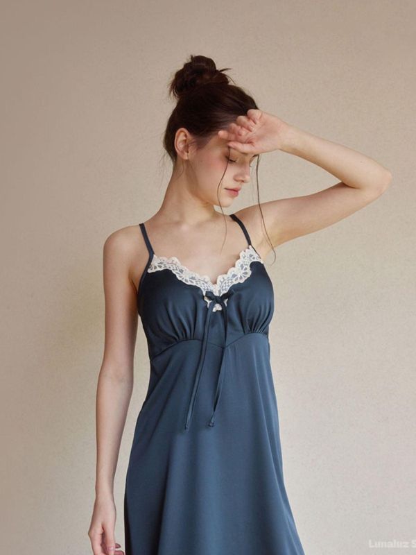 LUNALUZ 夜曲蕾絲 睡衣睡袍組｜內襯 Bra 深夜藍 26S 