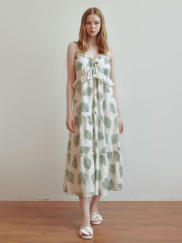 LUNALUZ  夏日度假睡衣洋裝｜奶油綠影 內襯Bra 