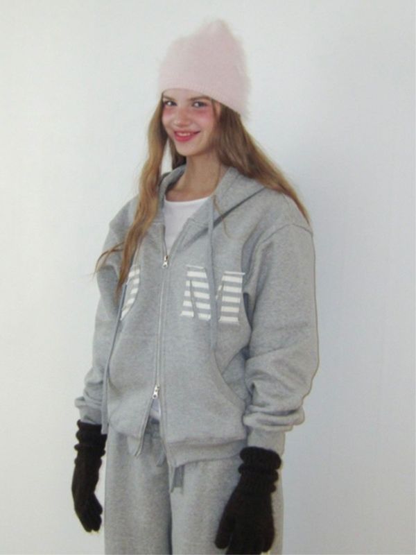 MMOM Cozy Heart 拼接連帽家居服外套｜灰色 