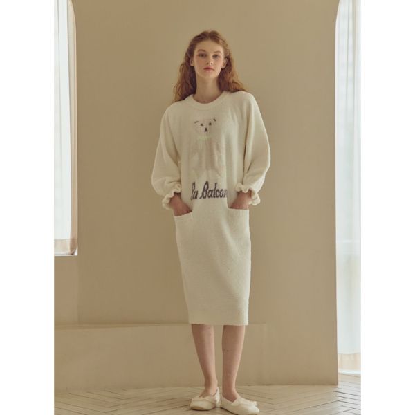 BALCONY 圍巾小熊針織睡衣洋裝 