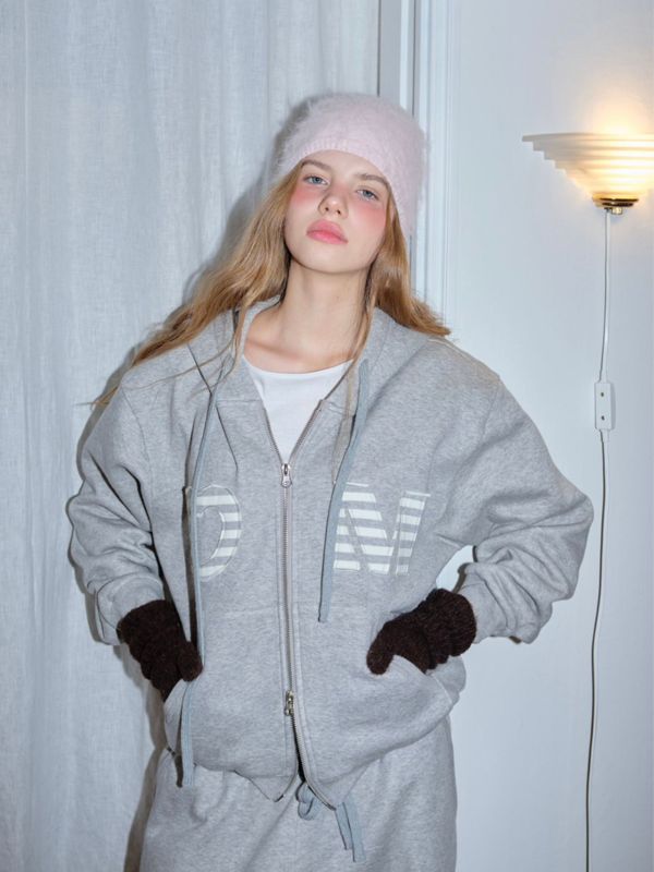 MMOM Cozy Heart 拼接連帽家居服外套｜灰色 