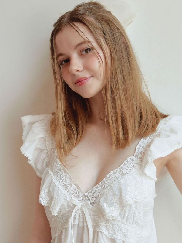 LUNALUZ  長款奢華蕾絲睡衣洋裝 