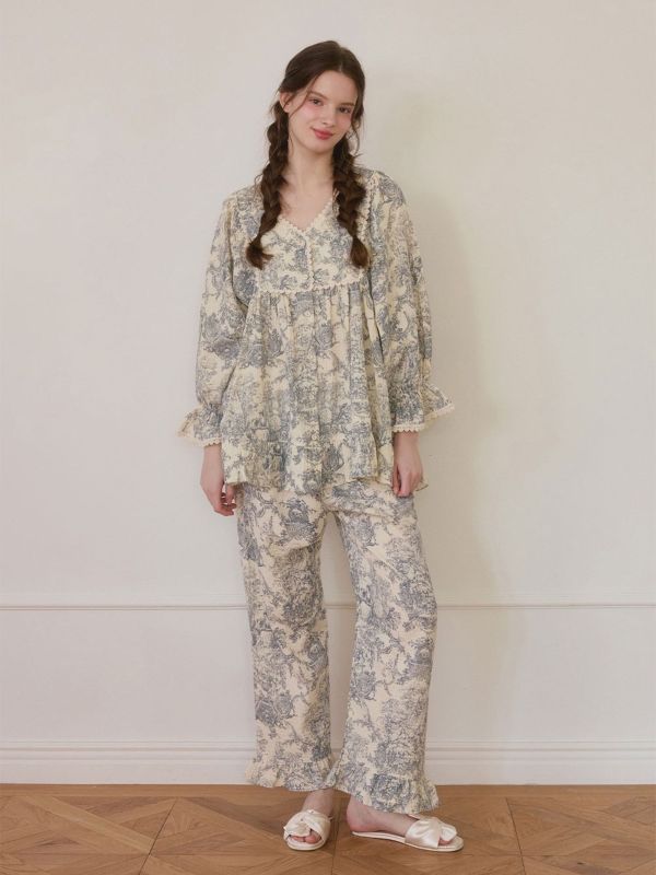 LUNALUZ 韓國復古浮世畫印花睡衣套裝｜雙層紗棉 