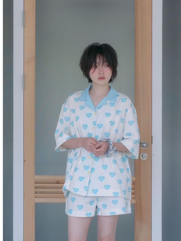 MMOM 天藍愛心睡衣套裝｜100%純棉・限量系列 